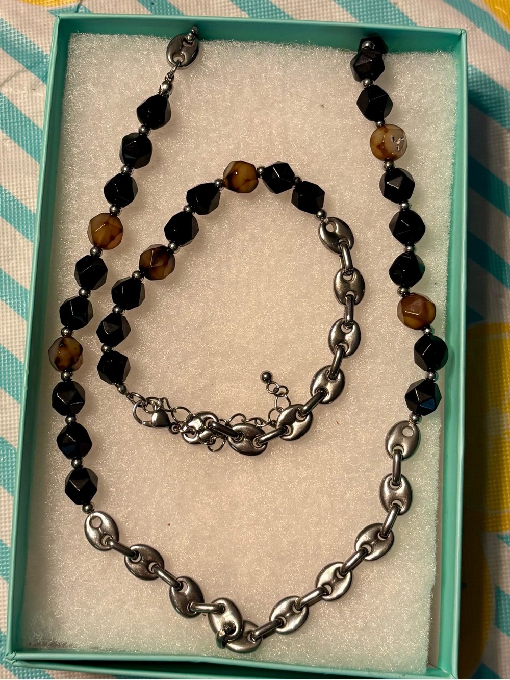 J Bloom Silver Chain Necklace and bracelet with Black and Amber Beads